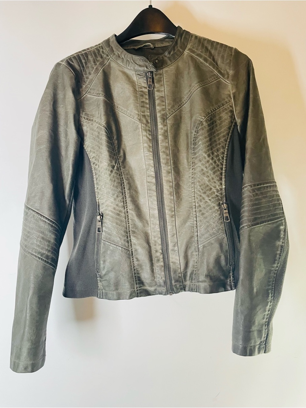 Maurices Olive Green Faux Leather Moto Jacket Quilted Paneling